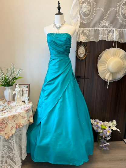 Strapless Blue Satin Formal Prom Dress Beaded Retro Evening Dress   P1921