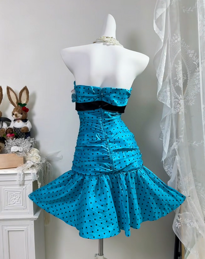 Strapless Blue Satin Homecoming Dress Sheath Polka Dot Party Dress  P1811