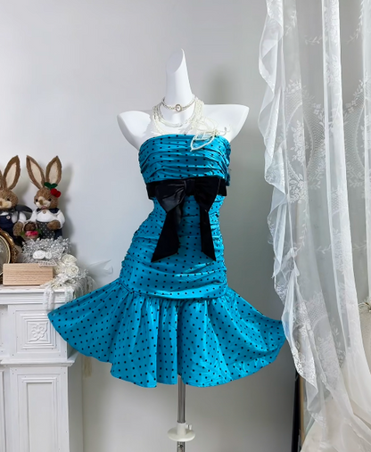 Strapless Blue Satin Homecoming Dress Sheath Polka Dot Party Dress  P1811