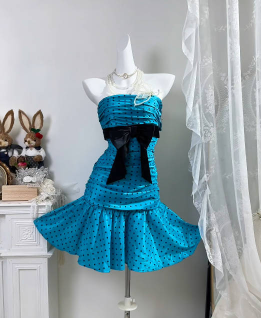Strapless Blue Satin Homecoming Dress Sheath Polka Dot Party Dress  P1811