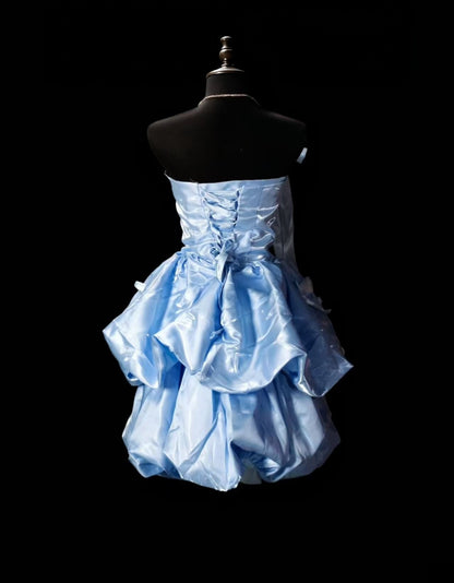 Strapless Blue Satin Homecoming Dress Short Birthday Dress  P2042