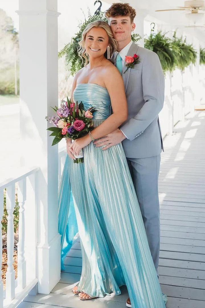 Strapless Blue Satin Pleated A Line Prom Dress With Slit  P1150