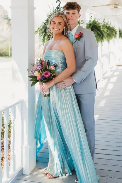 Strapless Blue Satin Pleated A Line Prom Dress With Slit  P1150