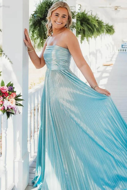 Strapless Blue Satin Pleated A Line Prom Dress With Slit  P1150