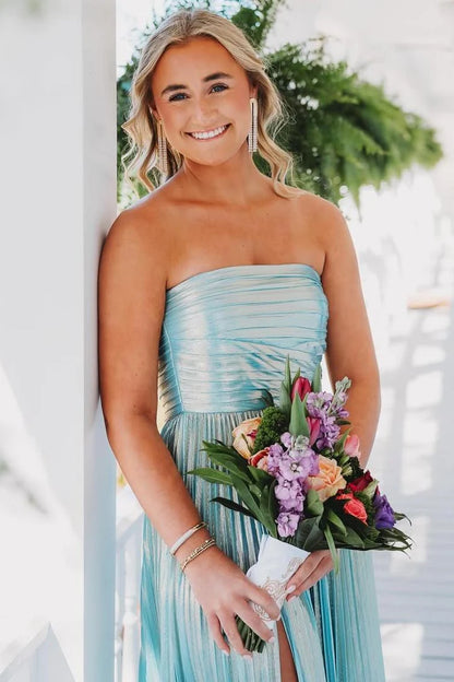 Strapless Blue Satin Pleated A Line Prom Dress With Slit  P1150