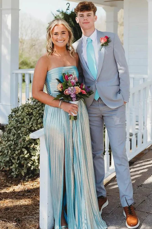 Strapless Blue Satin Pleated A Line Prom Dress With Slit  P1150