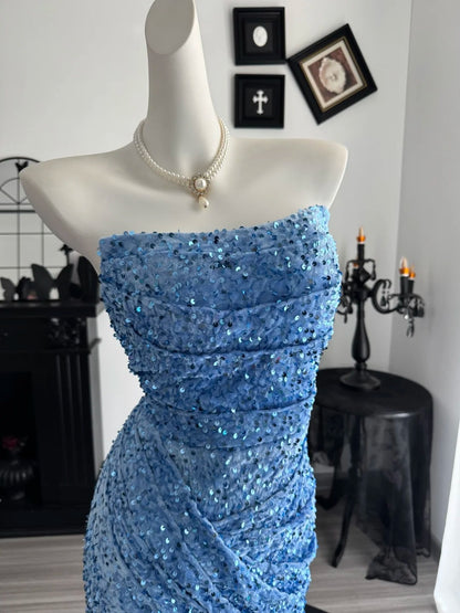 Strapless Blue Sequin Mermaid Prom Dress Formal Evening Dress  P1992