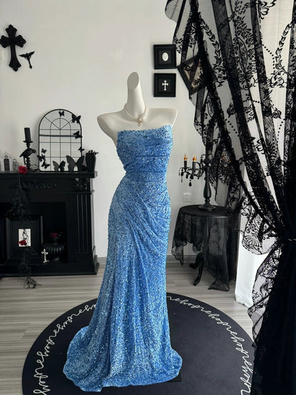 Strapless Blue Sequin Mermaid Prom Dress Formal Evening Dress  P1992