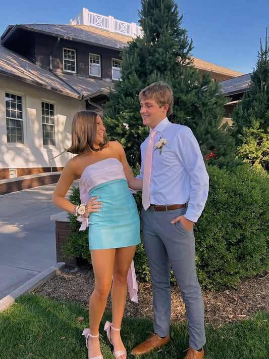 Strapless Blue Short Homecoming Dress With Bow Birthday Dress  P1439