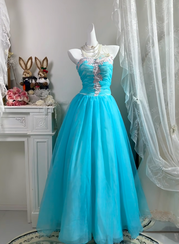 Strapless Blue Tulle Formal Prom Dress A Line Evening Dress   P1806