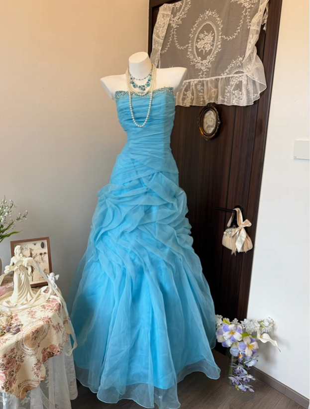 Strapless Blue Tulle Formal Prom Dress A Line Evening Dress P2027