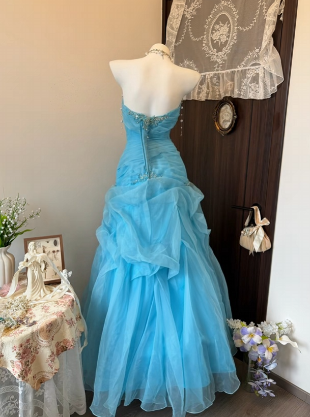 Strapless Blue Tulle Formal Prom Dress A Line Evening Dress P2027
