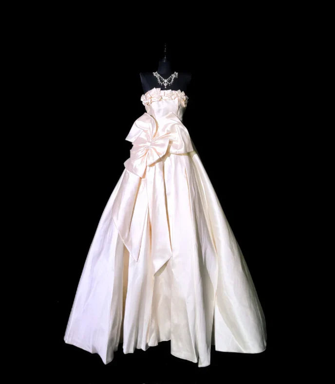 Strapless Bow Satin Long Prom Dress A Line Birthday Dress  P738