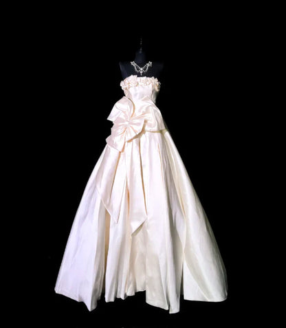Strapless Bow Satin Long Prom Dress A Line Birthday Dress  P738
