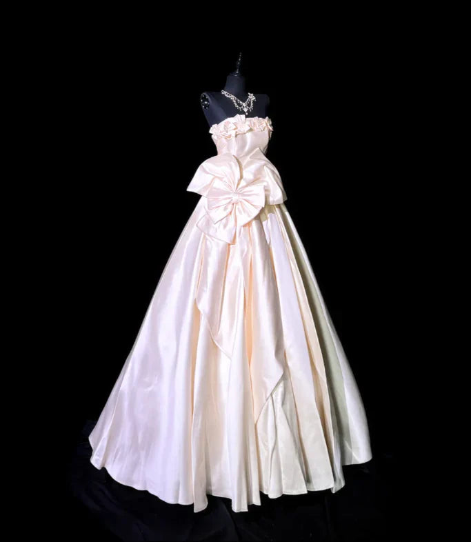 Strapless Bow Satin Long Prom Dress A Line Birthday Dress  P738