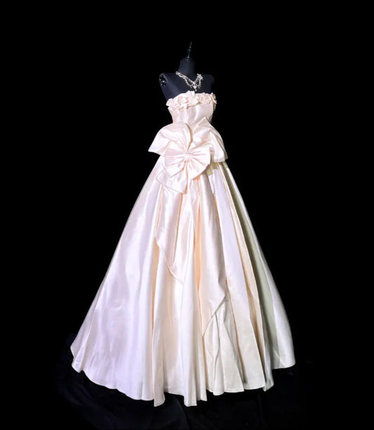 Strapless Bow Satin Long Prom Dress A Line Birthday Dress  P738