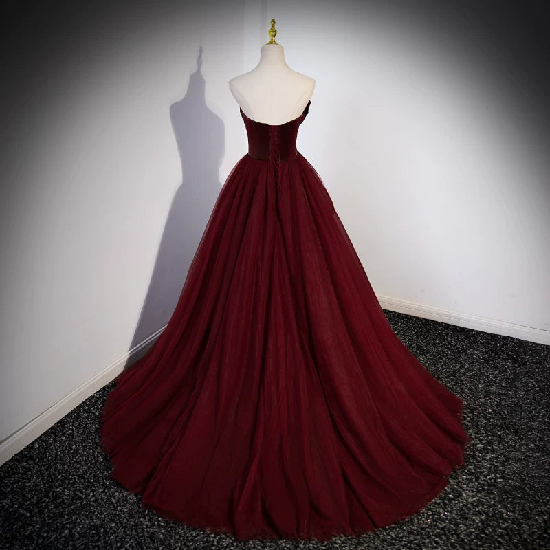 Strapless Burgundy A Line Prom Dress  Tulle Birthday Dress  P1266