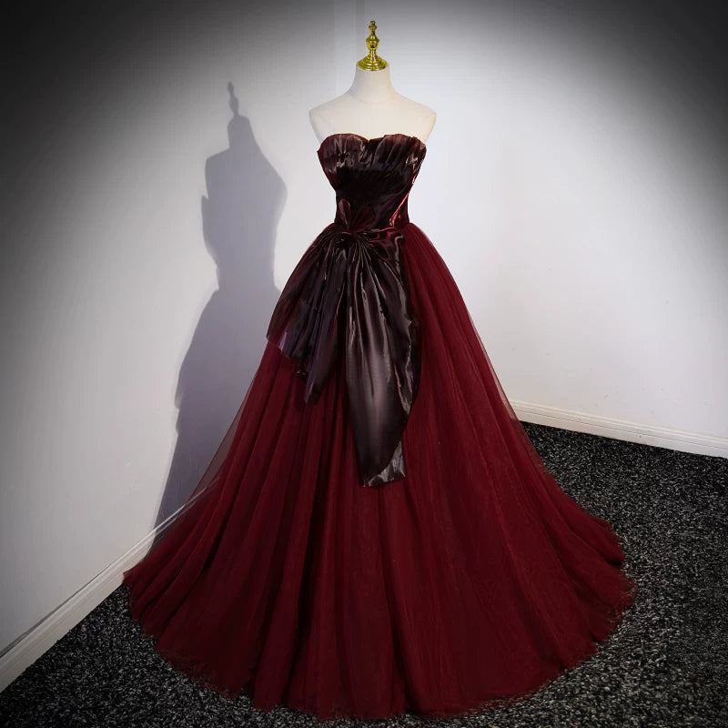 Strapless Burgundy A Line Prom Dress  Tulle Birthday Dress  P1266