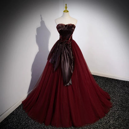 Strapless Burgundy A Line Prom Dress  Tulle Birthday Dress  P1266