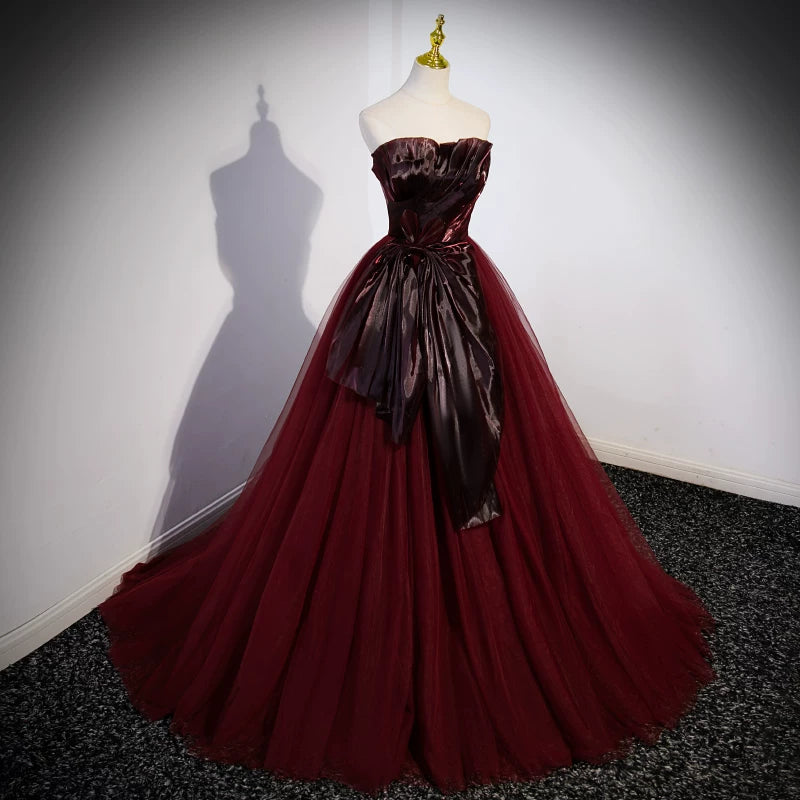 Strapless Burgundy A Line Prom Dress  Tulle Birthday Dress  P1266