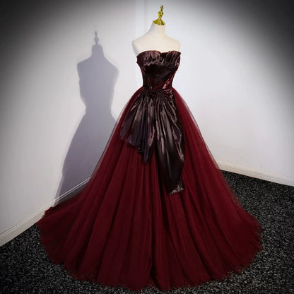 Strapless Burgundy A Line Prom Dress  Tulle Birthday Dress  P1266