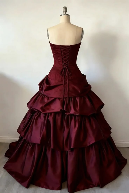Strapless Burgundy A Line Vintage Prom Dress Ball Gown Evening Dress  P1113