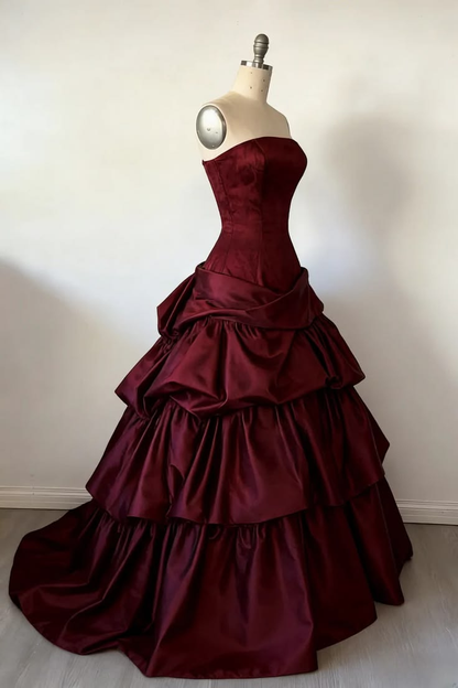 Strapless Burgundy A Line Vintage Prom Dress Ball Gown Evening Dress  P1113