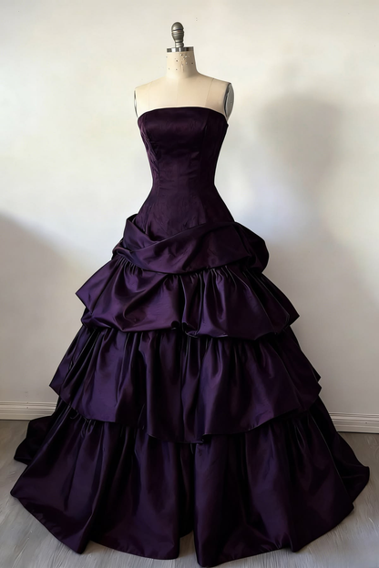 Strapless Burgundy A Line Vintage Prom Dress Ball Gown Evening Dress  P1113