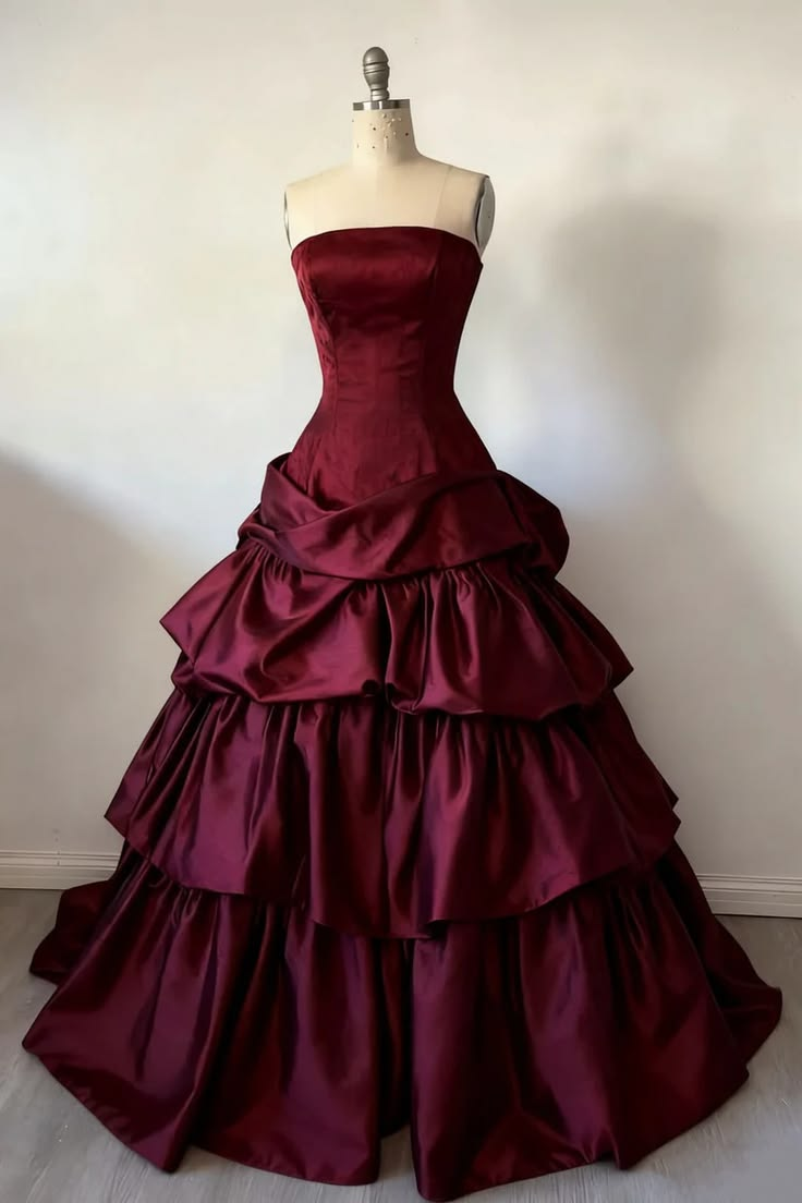 Strapless Burgundy A Line Vintage Prom Dress Ball Gown Evening Dress  P1113