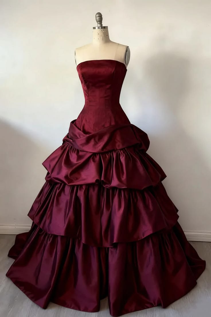 Strapless Burgundy A Line Vintage Prom Dress Ball Gown Evening Dress  P1113