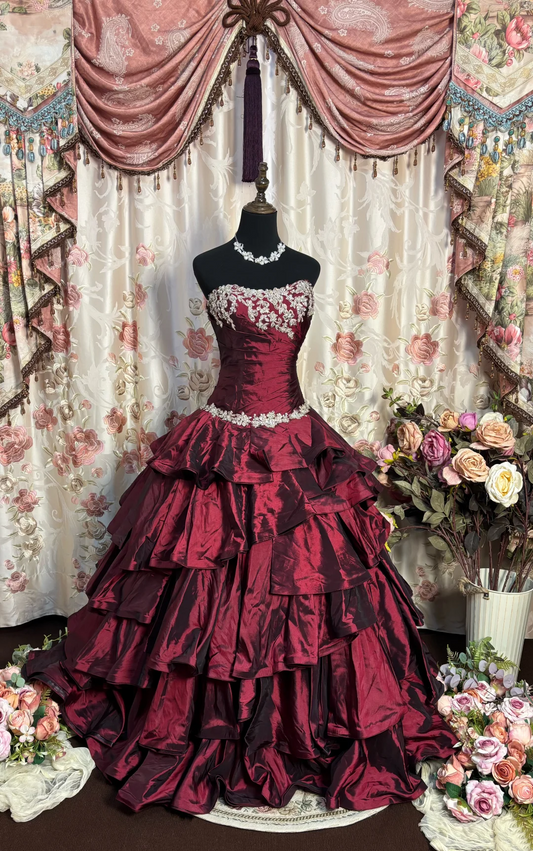 Strapless Burgundy Formal Long Prom Dress Layered Birthday Gown  P1134
