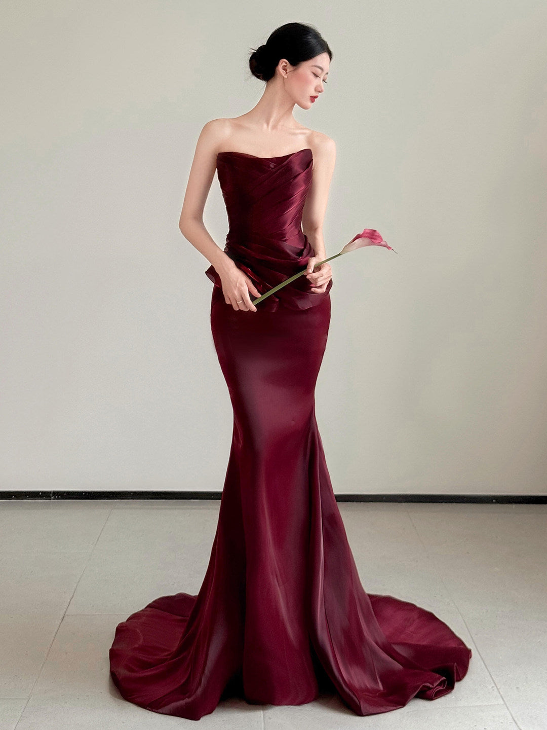 Strapless Burgundy Mermaid Long Prom Dress Elegant Formal Evening Dress   P798
