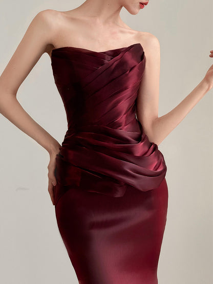 Strapless Burgundy Mermaid Long Prom Dress Elegant Formal Evening Dress   P798
