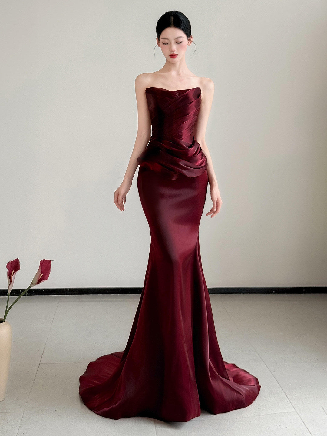 Strapless Burgundy Mermaid Long Prom Dress Elegant Formal Evening Dress   P798