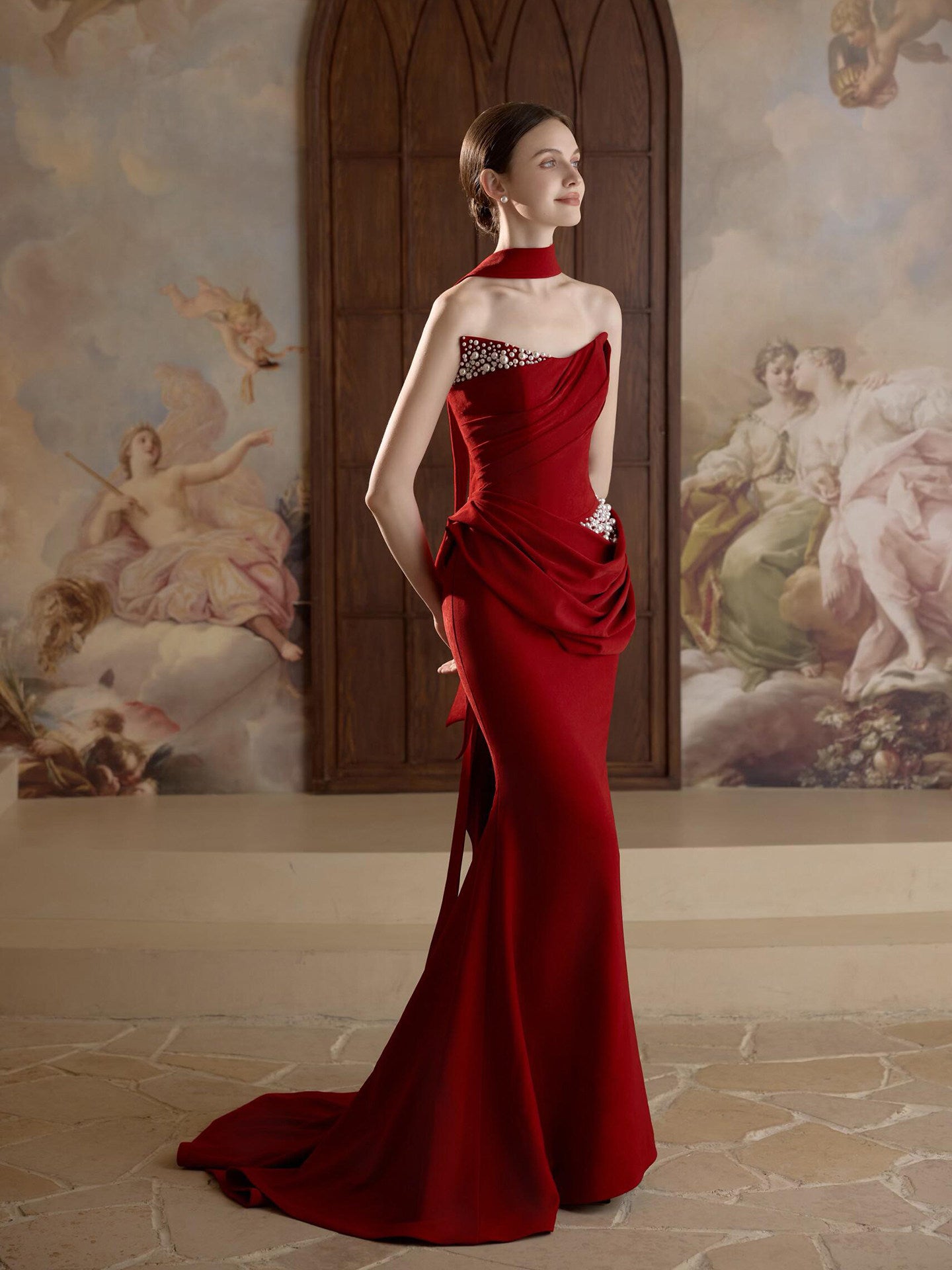 Strapless Burgundy Mermaid Prom Dress Peals Beaded Elegant Evening Gown  P789