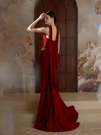 Strapless Burgundy Mermaid Prom Dress Peals Beaded Elegant Evening Gown  P789