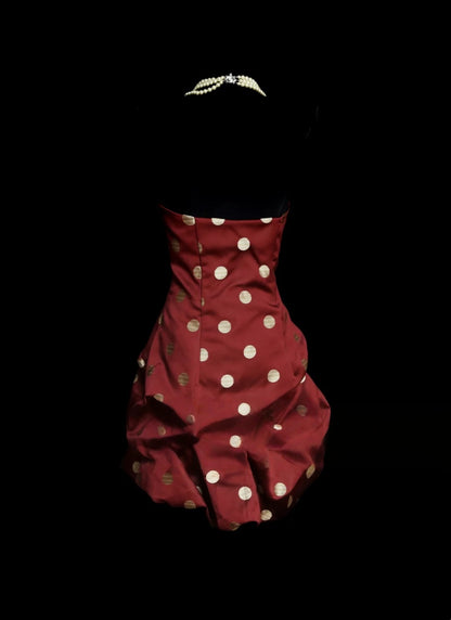 Strapless Burgundy Polka Dot Satin Homecoming Dress Short Birthday Dress  P2663