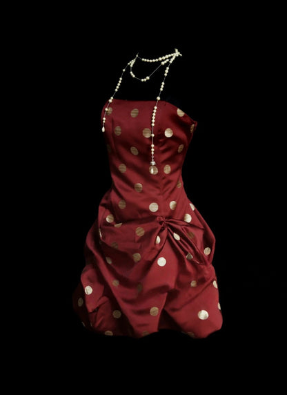 Strapless Burgundy Polka Dot Satin Homecoming Dress Short Birthday Dress  P2663