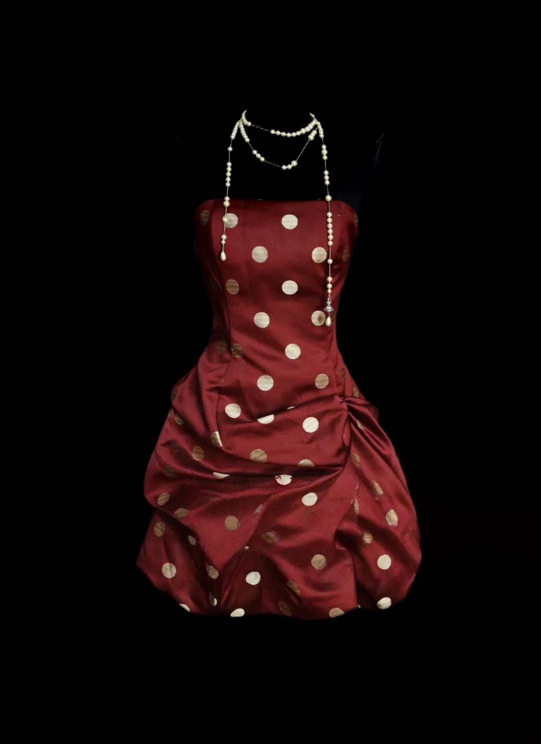 Strapless Burgundy Polka Dot Satin Homecoming Dress Short Birthday Dress  P2663