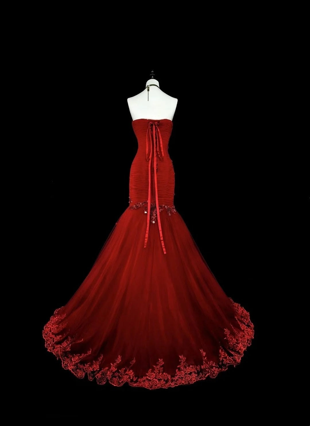 Strapless Burgundy Prom Dress With Beaded Appliques Mermaid Evening Dress  P1361