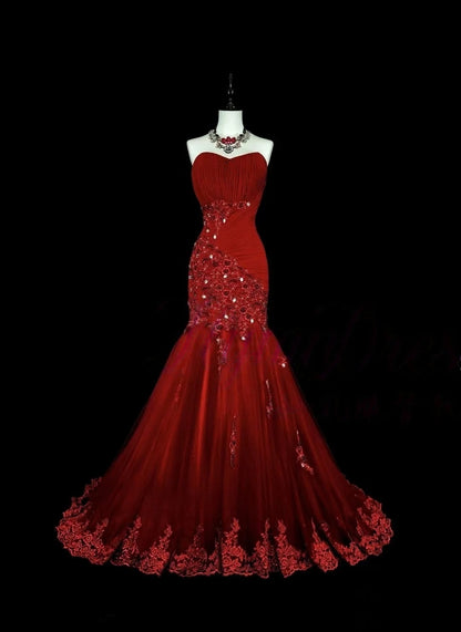 Strapless Burgundy Prom Dress With Beaded Appliques Mermaid Evening Dress  P1361