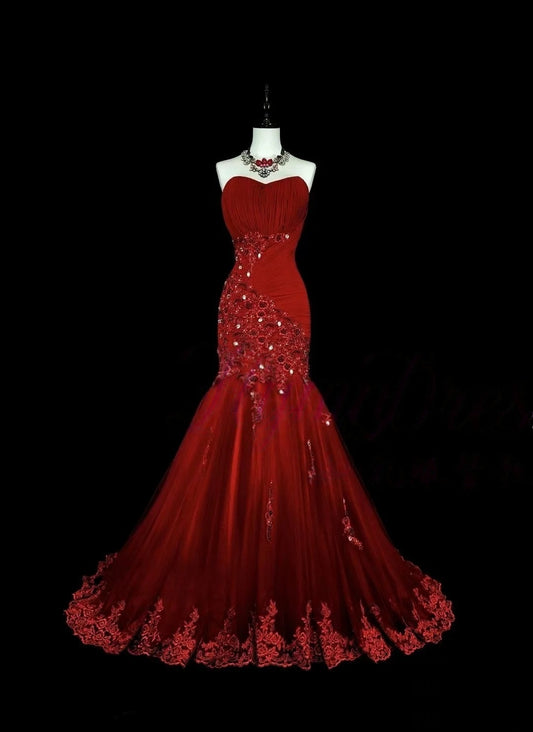 Strapless Burgundy Prom Dress With Beaded Appliques Mermaid Evening Dress  P1361