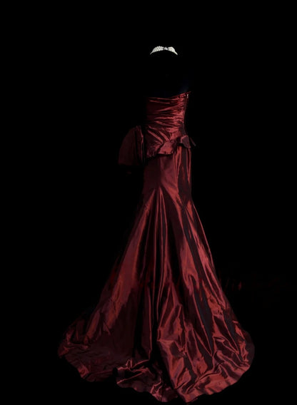 Strapless Burgundy Prom Dress With Bow Mermaid Evening Dress  P1380