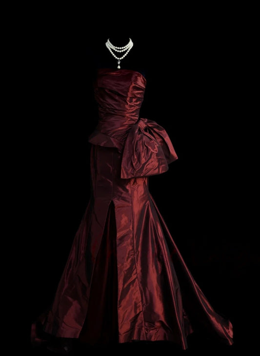 Strapless Burgundy Prom Dress With Bow Mermaid Evening Dress  P1380