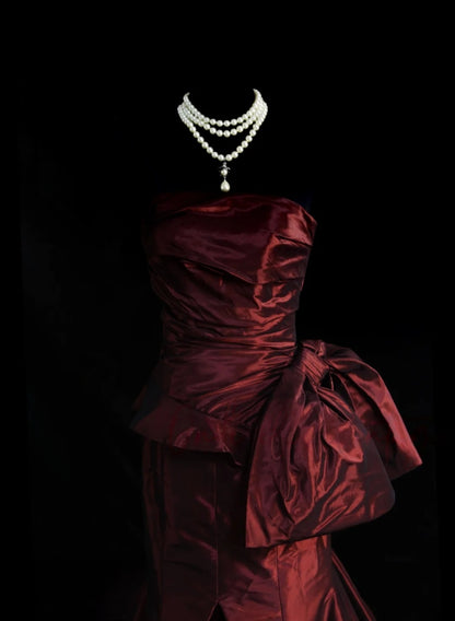 Strapless Burgundy Prom Dress With Bow Mermaid Evening Dress  P1380