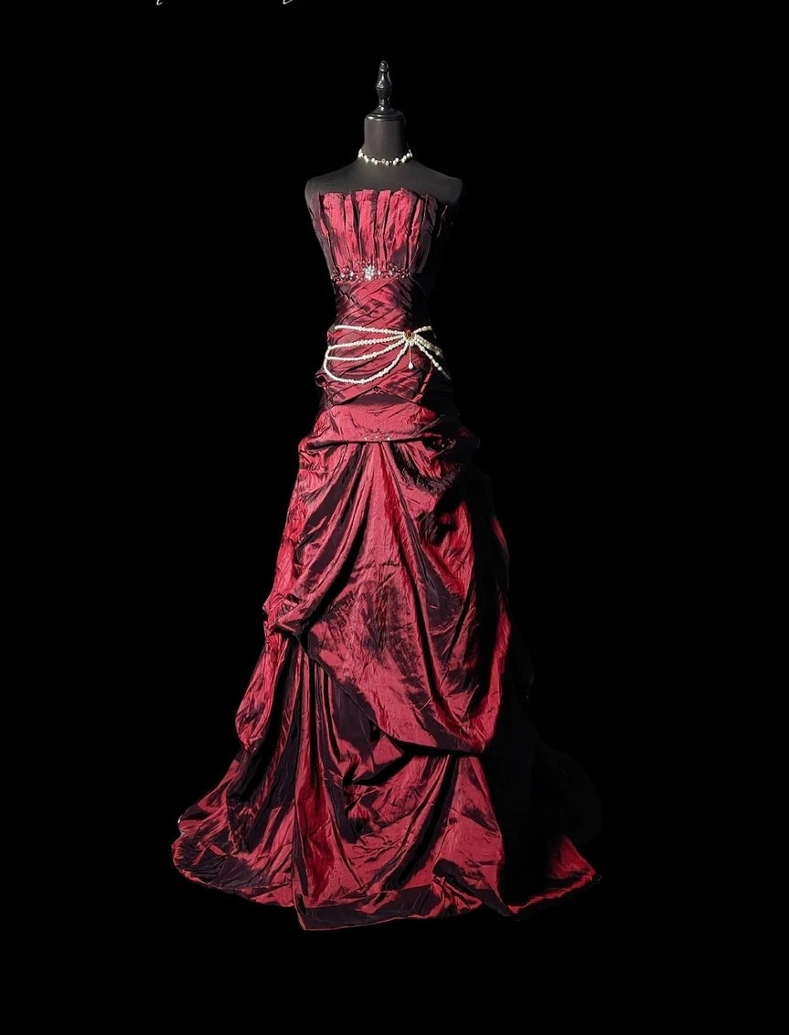 Strapless Burgundy Retro Prom Dress A Line Evening Dress   P1778