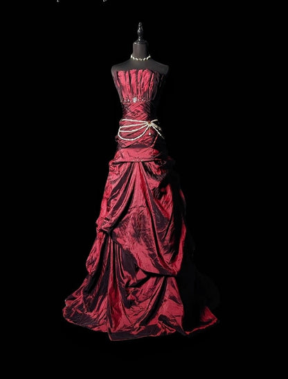 Strapless Burgundy Retro Prom Dress A Line Evening Dress   P1778