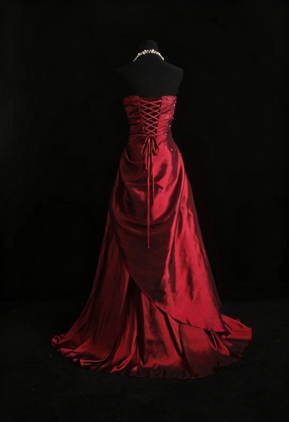 Strapless Burgundy Retro Prom Dress Taffeta Beaded Evening Dress  P1323