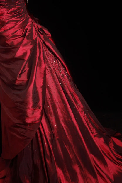Strapless Burgundy Retro Prom Dress Taffeta Beaded Evening Dress  P1323