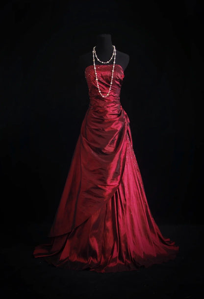 Strapless Burgundy Retro Prom Dress Taffeta Beaded Evening Dress  P1323